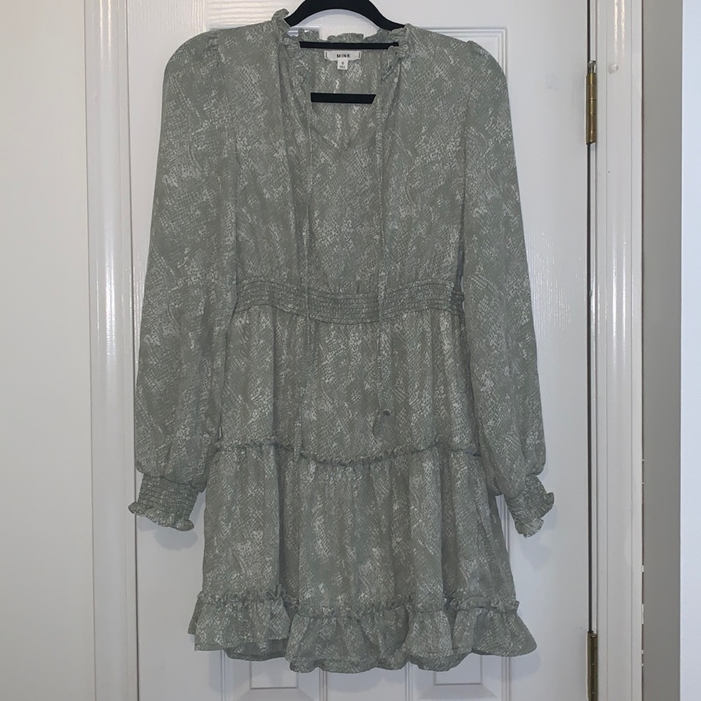 Sage green and white snake skin ruffle dress